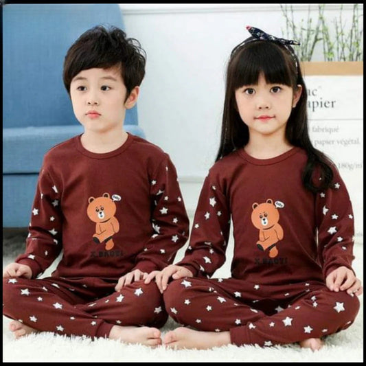 Cute Brown Bear printed cotton jersey kids night suit