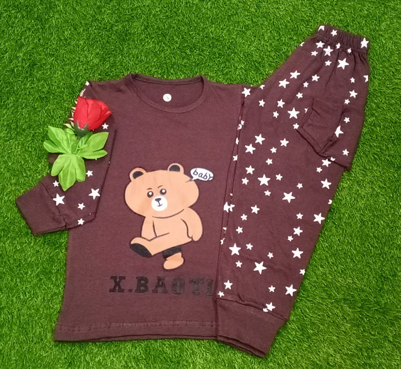 Cute Brown Bear printed cotton jersey kids night suit