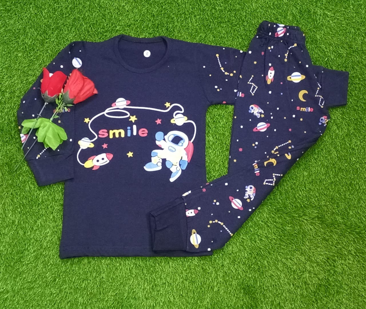 Spaceship printed cotton jersey kids night suit